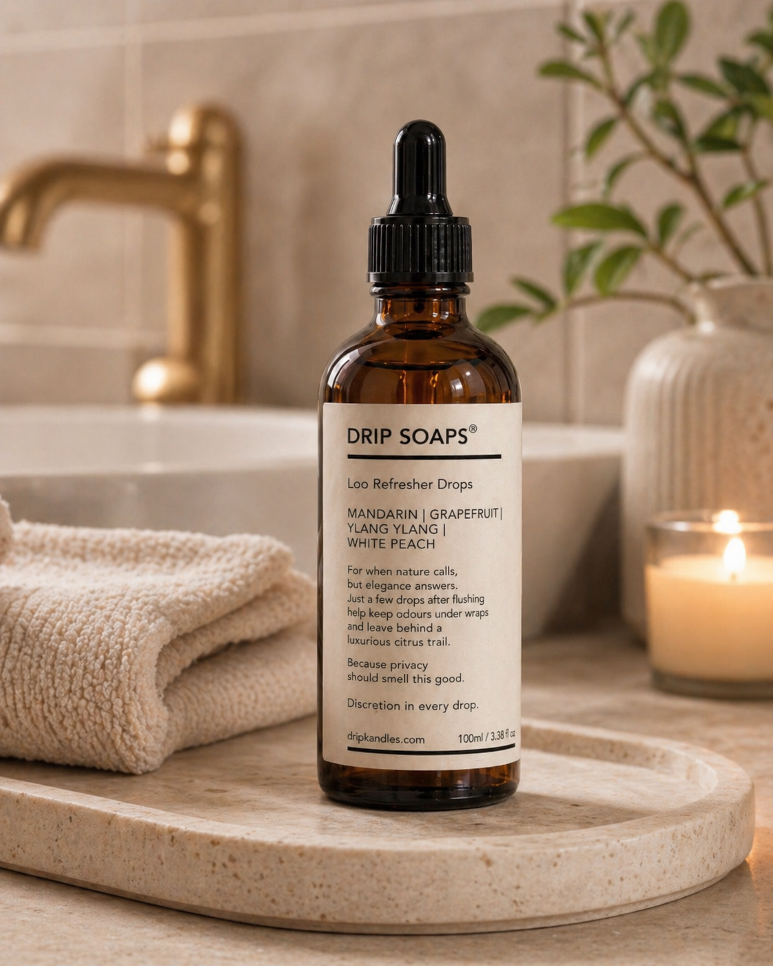DRIP SOAPS™ luxury loo drops bottle styled on a bathroom tray