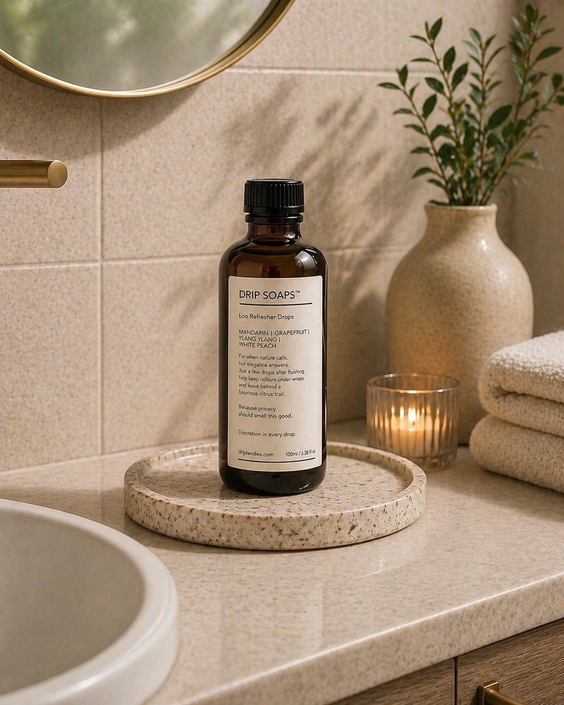 DRIP SOAPS™ loo refresher drops bottle on a bathroom counter