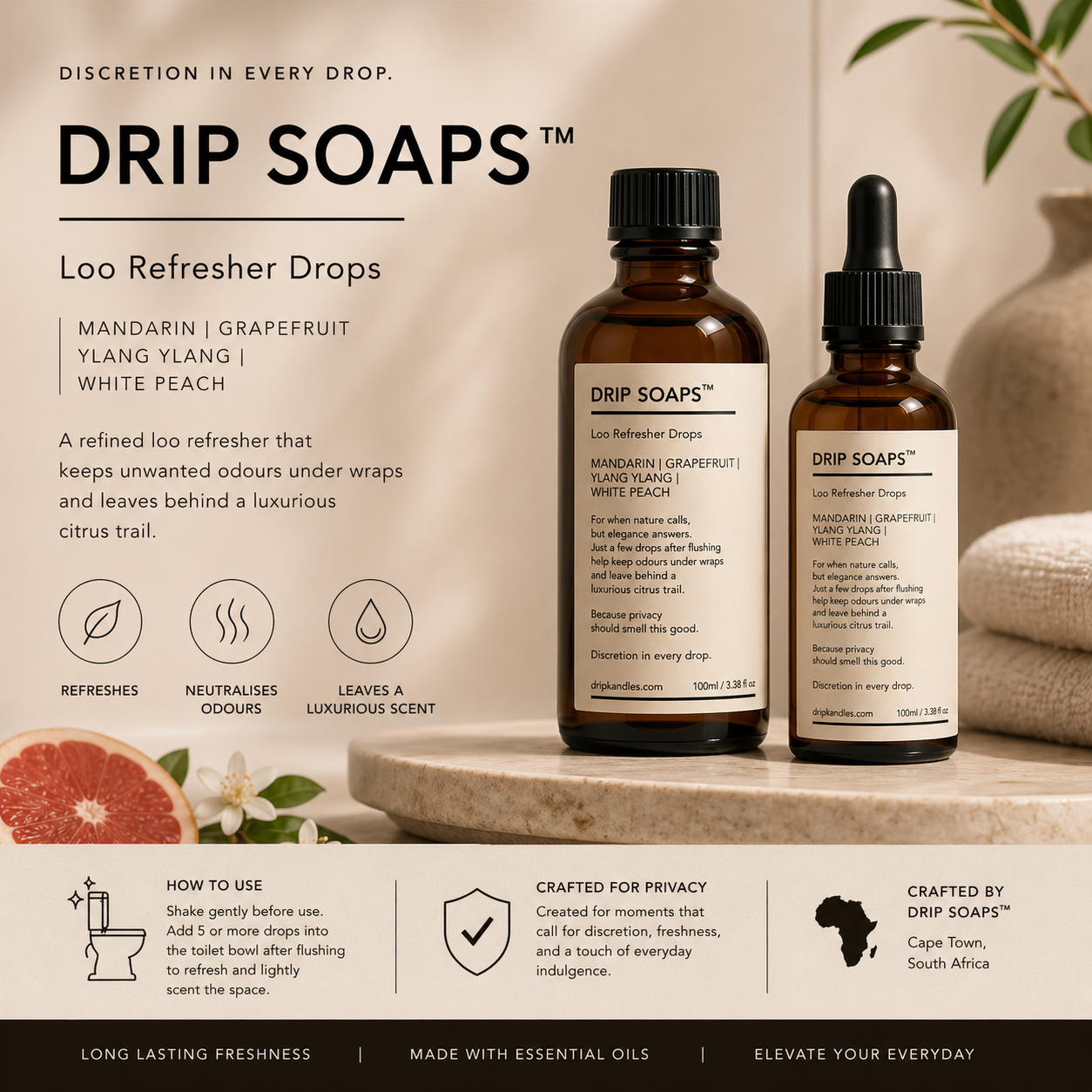 DRIP SOAPS™ amber glass loo drops bottle displayed on a premium bathroom counter