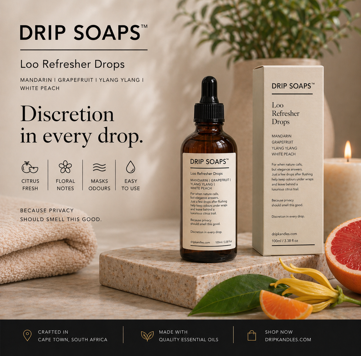 DRIP SOAPS™ luxury loo refresher drops bottle and box for post-flush bathroom freshness
