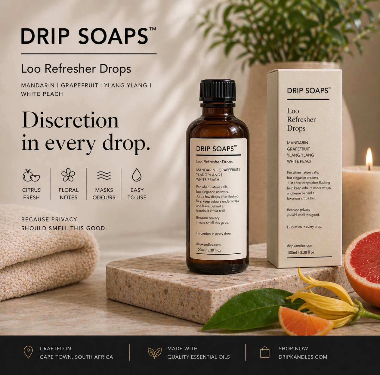 DRIP SOAPS™ premium black box packaging design for loo refresher drops