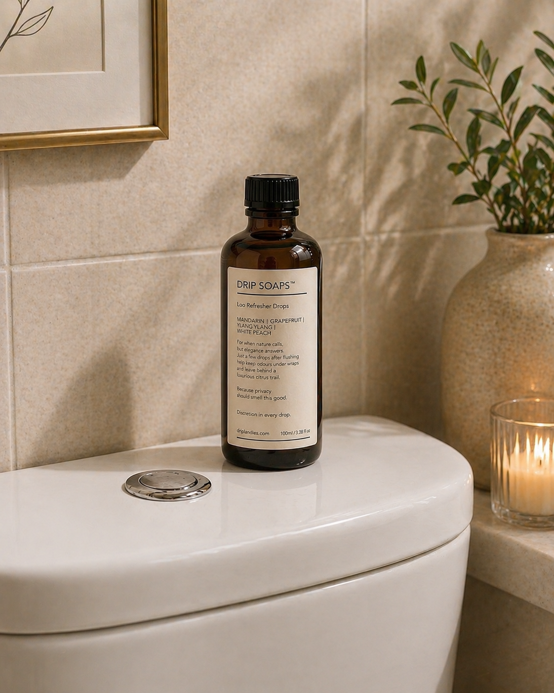 DRIP SOAPS™ product label and amber bottle for bathroom freshness